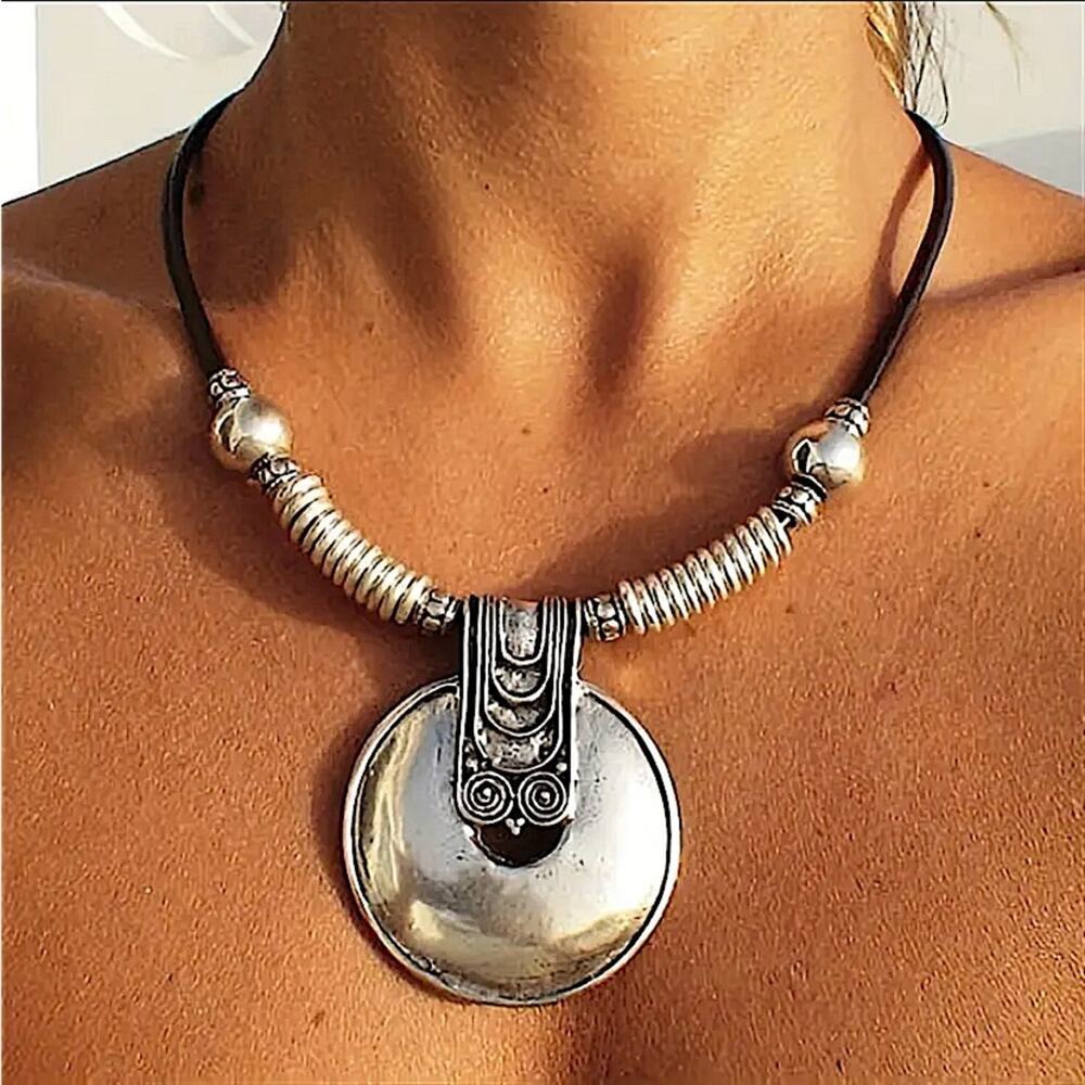 Boho Silver Statement Tribal Choker Necklace